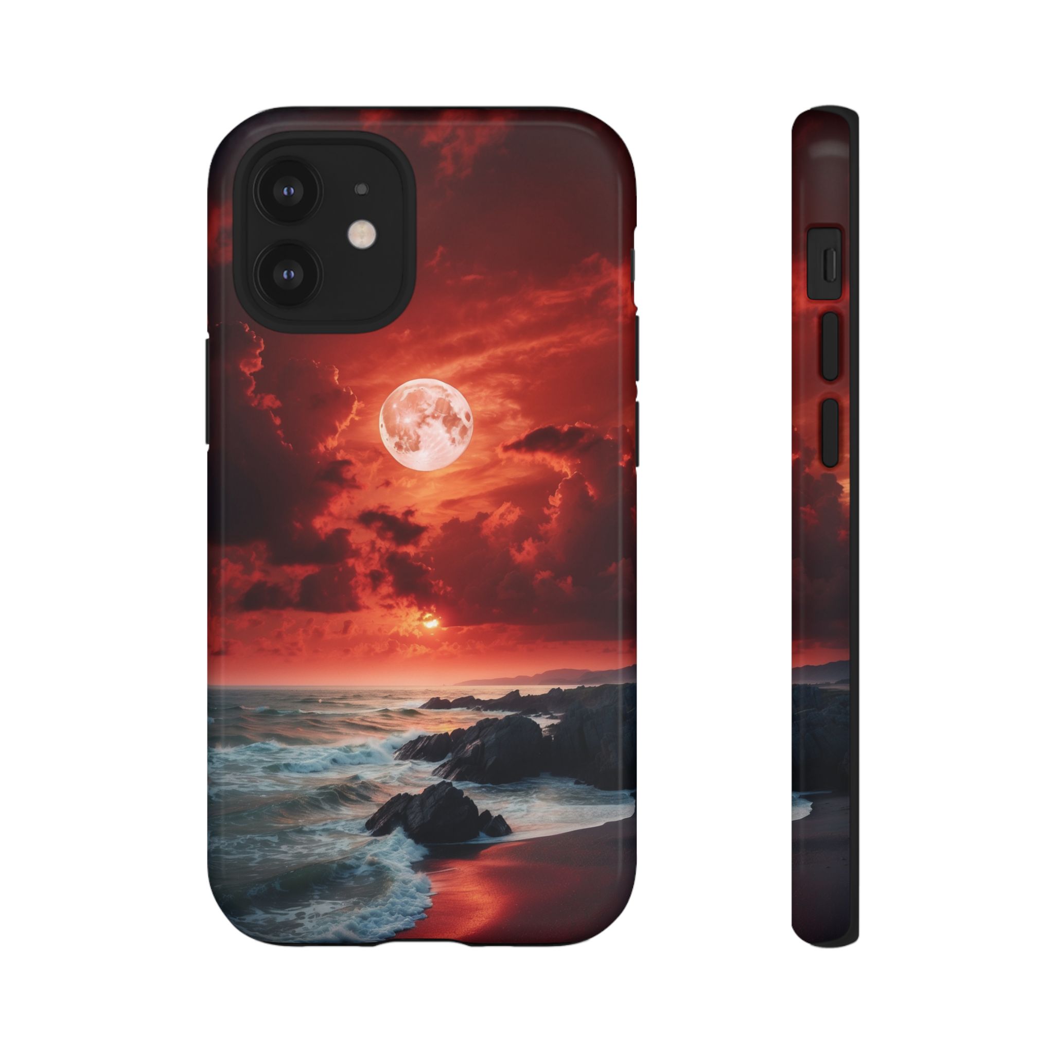 Scenic Phone Case with Red Moon and Ocean, Tough Cases, Unique Phone Cover, Gift for Nature Lovers, Artistic Phone Accessories