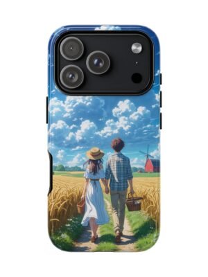 Pastoral Romance Phone Case — Couple Walking in Wheat Field Sky Art