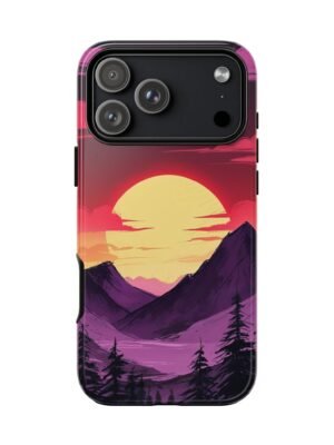 Sunset Mountain Phone Case — Retro Purple & Pink Landscape Tough Case